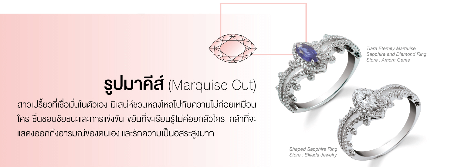 รูปมาคีส์ (Marquise Cut) สาวเปรี้ยวที่เชื่อมมั่นในตัวเอง มีเสน่ห์ชวนหลงใหลไปกับความไม่ค่อยเหมือนใคร ชื่นชอบชัยชนะและการแข่งขัน ขยันที่จะเรียนรู้ไม่ค่อยกลัวใคร กล้าที่จะแสดงออกถึงอารมณ์ของตัวเอง และรักความเป็นอิสระสูงมาก