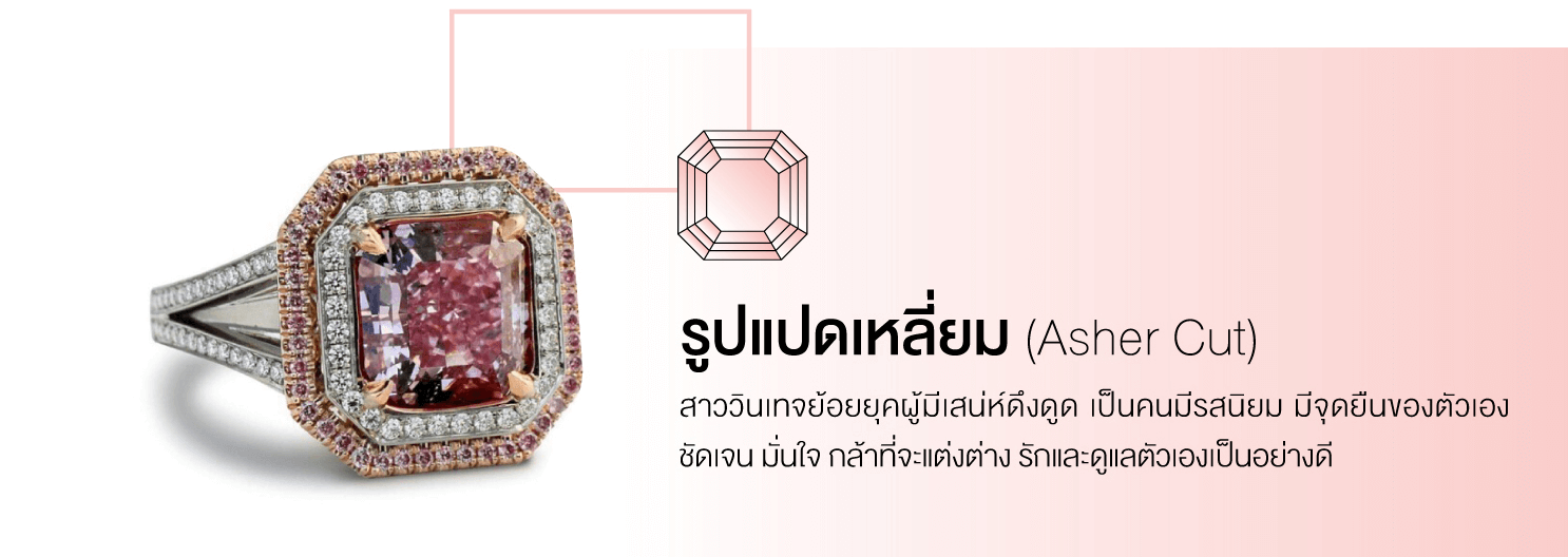 รูปแปดเหลี่ยม (Asher Cut) สาววินเทจย้อนยุคผู้มีเสน่ห์ดึงดู เป็นคนมีรสนิยม มีจุดยืนของตัวเองชัดเจน มั่นใจ กล้าที่จะแตกต่าง รักและดูแลตัวเองเป็นอย่างดี