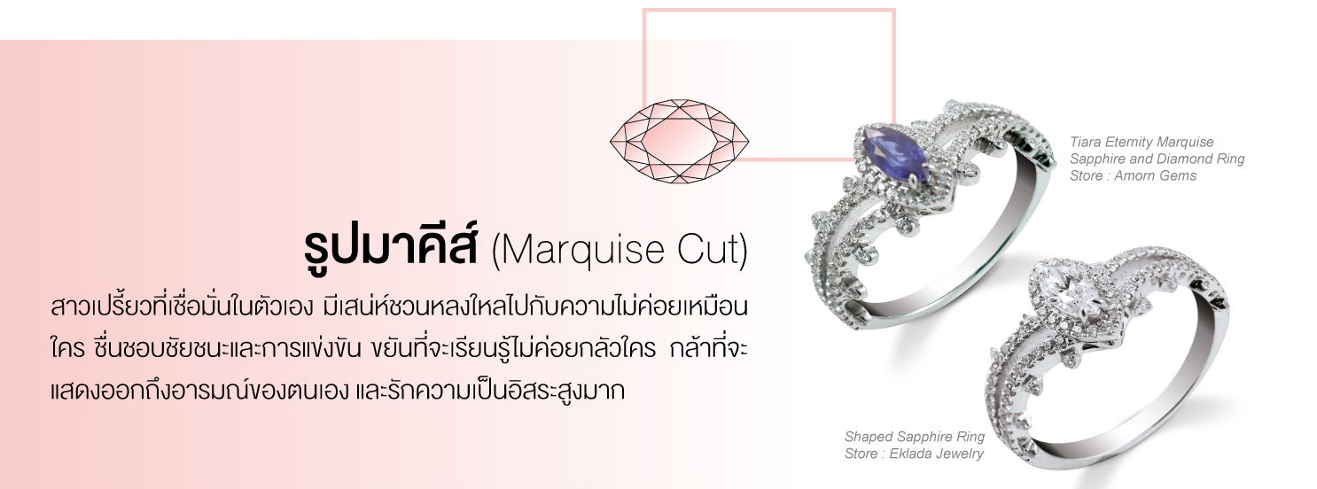 รูปมาคีส์ (Marquise Cut) สาวเปรี้ยวที่เชื่อมมั่นในตัวเอง มีเสน่ห์ชวนหลงใหลไปกับความไม่ค่อยเหมือนใคร ชื่นชอบชัยชนะและการแข่งขัน ขยันที่จะเรียนรู้ไม่ค่อยกลัวใคร กล้าที่จะแสดงออกถึงอารมณ์ของตัวเอง และรักความเป็นอิสระสูงมาก