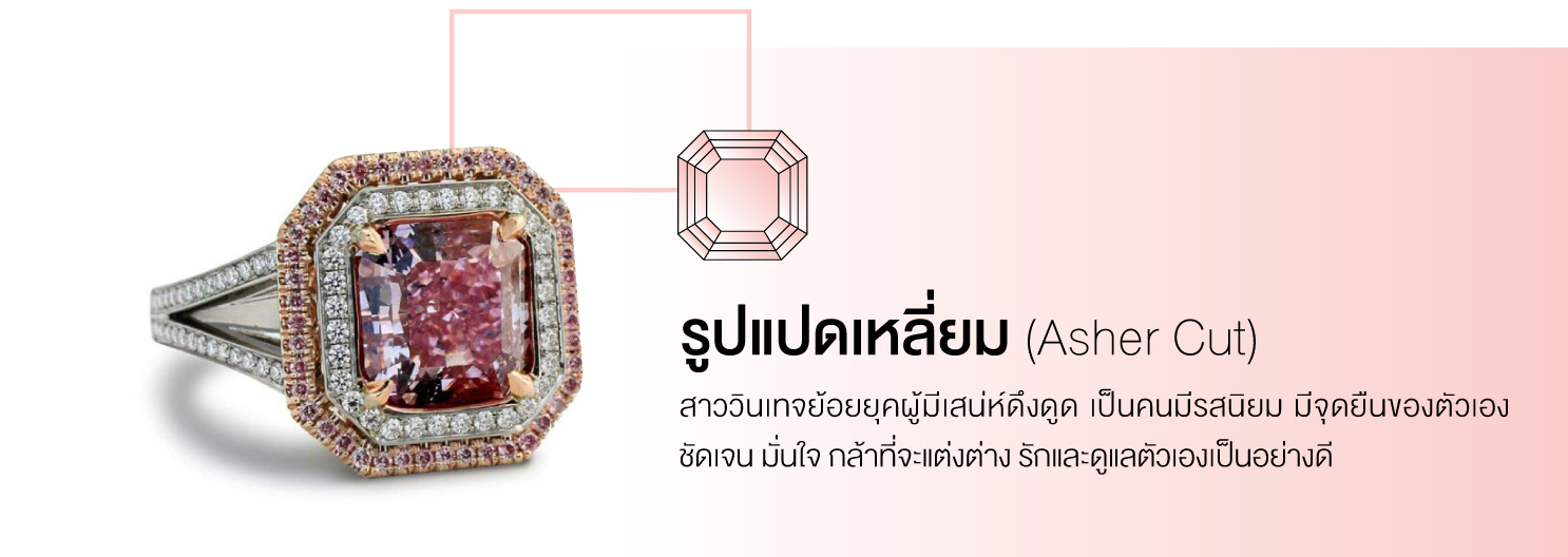 รูปแปดเหลี่ยม (Asher Cut) สาววินเทจย้อนยุคผู้มีเสน่ห์ดึงดู เป็นคนมีรสนิยม มีจุดยืนของตัวเองชัดเจน มั่นใจ กล้าที่จะแตกต่าง รักและดูแลตัวเองเป็นอย่างดี